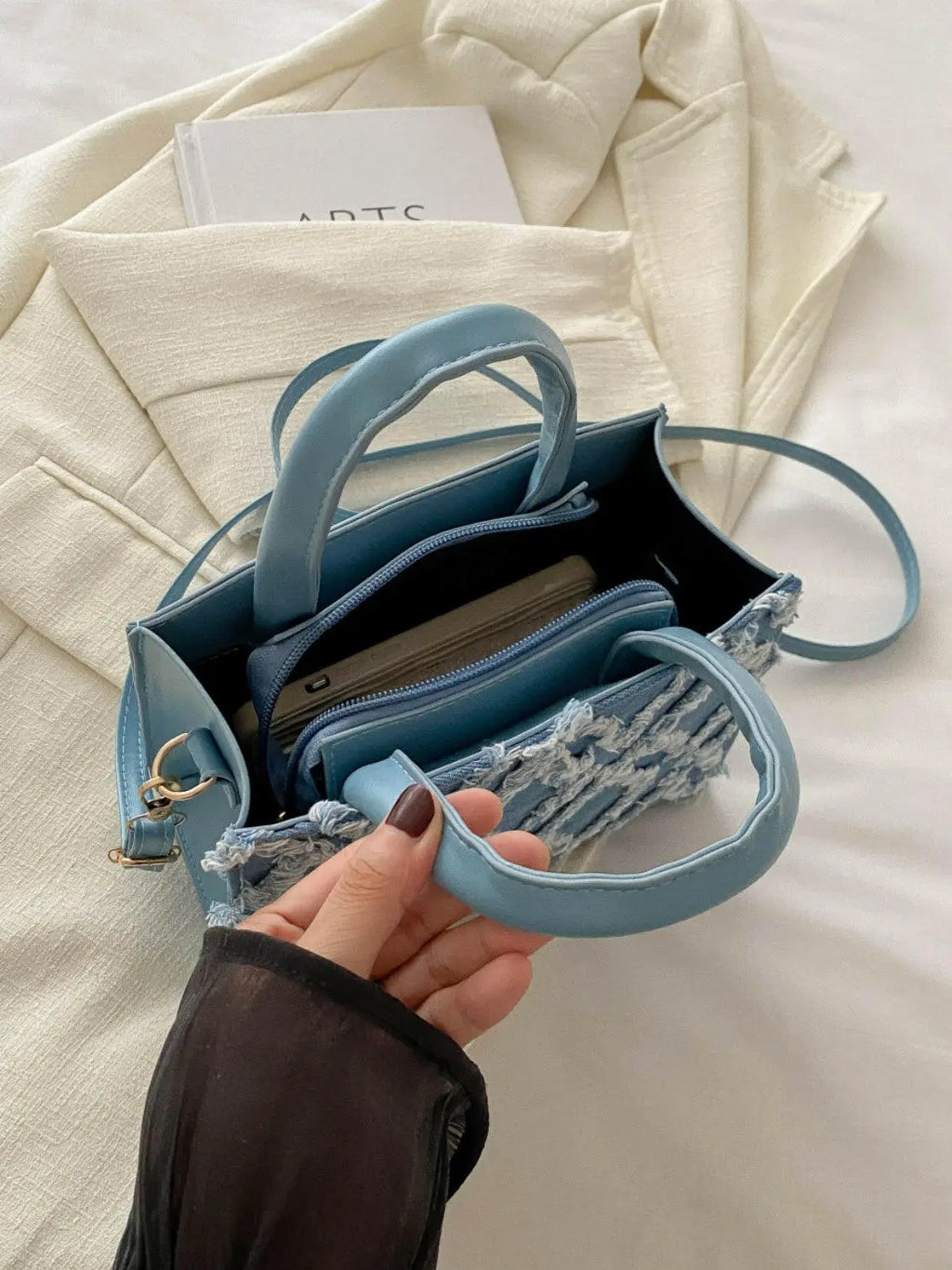 Raw Hem Denim PU Leather Handbag - Tote Bag by Trendsi | Available at Handbags Specialist Headquarter