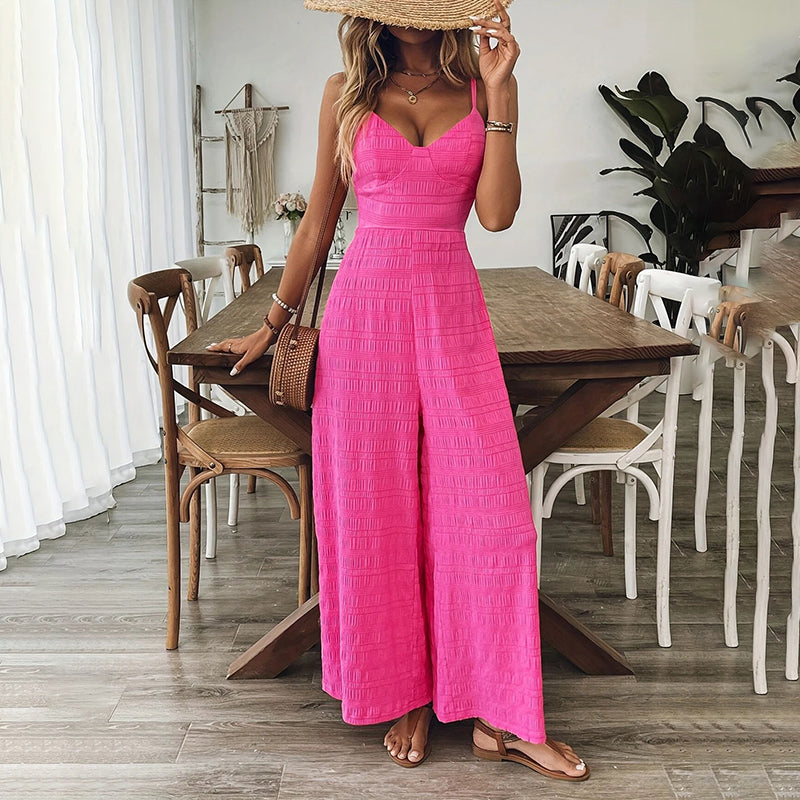Pink Palazz-Elegance: Vintage V-Neck Jumpsuit