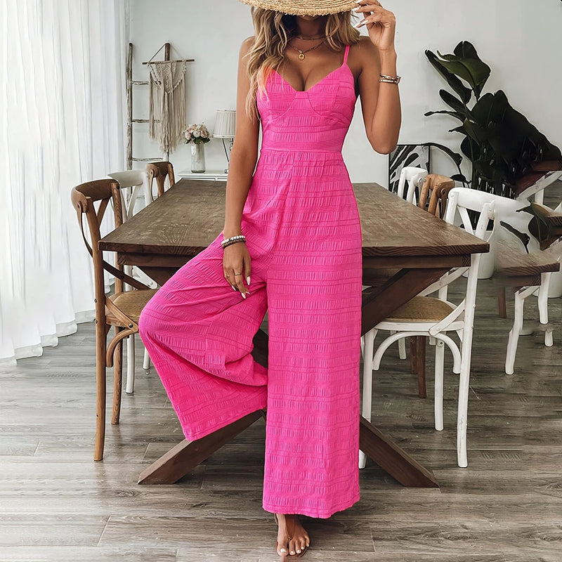 Pink Palazz-Elegance: Vintage V-Neck Jumpsuit