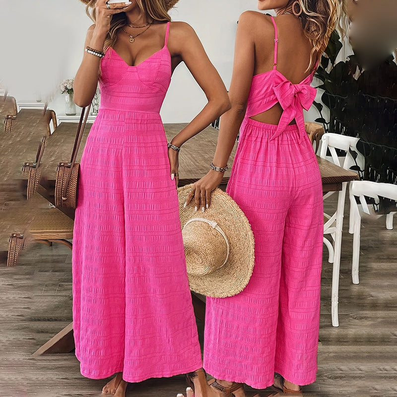 Pink Palazz-Elegance: Vintage V-Neck Jumpsuit