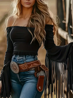Cowgirl Chic Fringe Off-Shoulder Tassel Top – Women’s