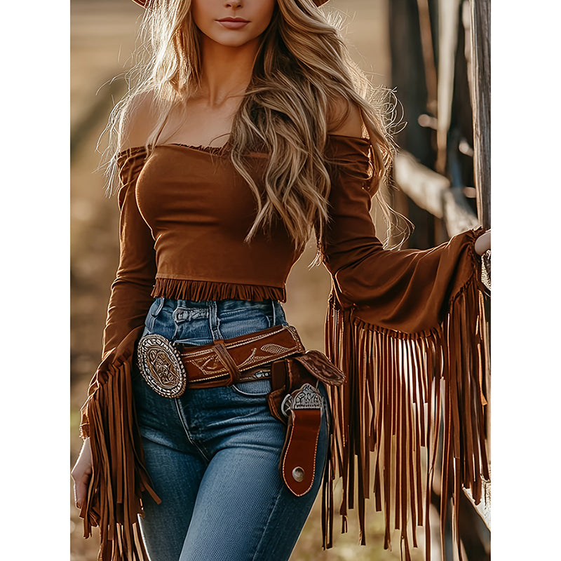 Cowgirl Chic Fringe Off-Shoulder Tassel Top – Women’s