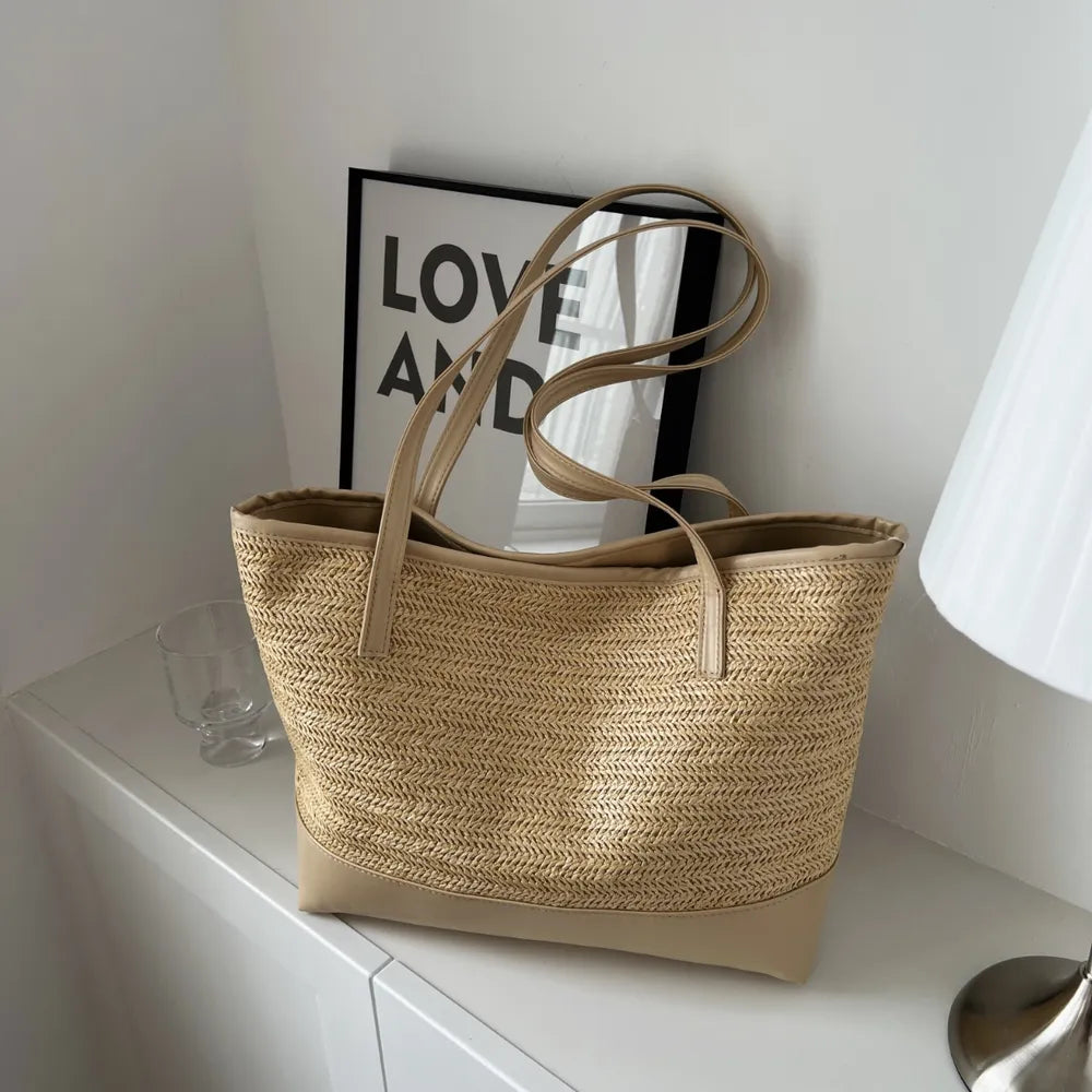 Straw Weave Leather Strap Tote Bag - Tote Bag by Trendsi | Available at Handbags Specialist Headquarter