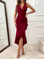 Ruffle Hem V-Neck Bodycon Dress - Dresses" by Trendsi | Available at Handbags Specialist Headquarter