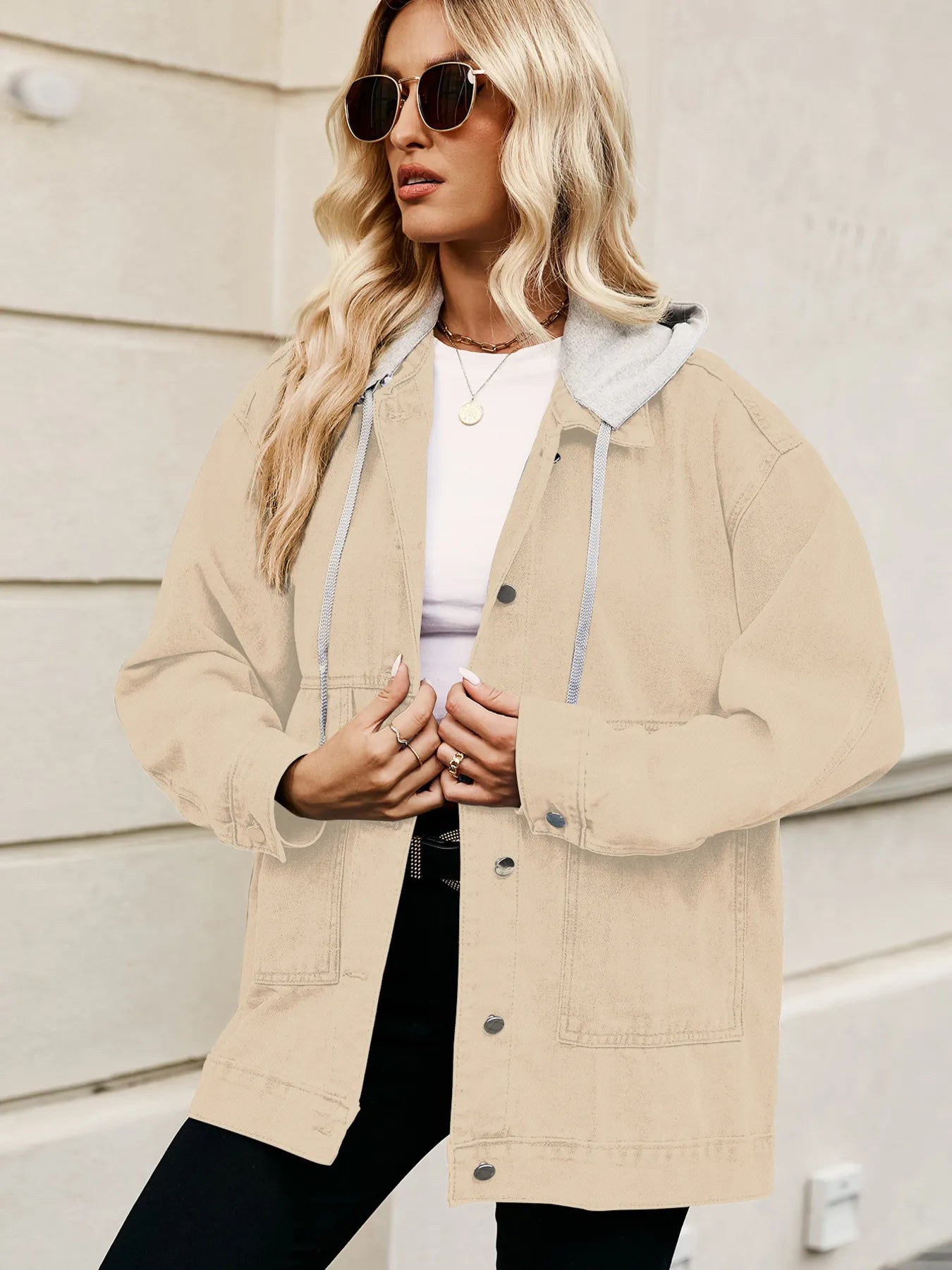 Oversized Button Up Denim Jacket with Hood - Tops by Trendsi | Available at Handbags Specialist Headquarter