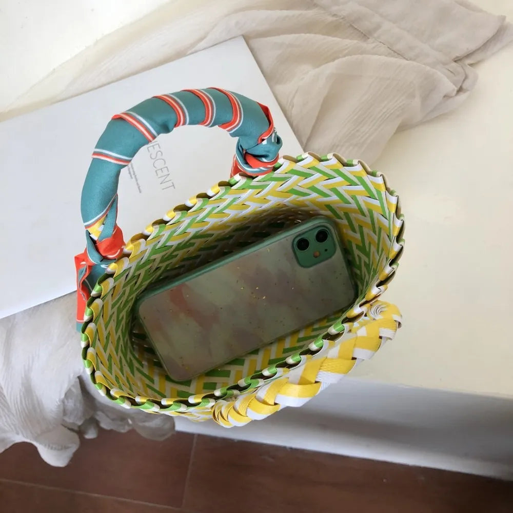 Contrast Woven Handbag with Ribbon - Tote Bag by Trendsi | Available at Handbags Specialist Headquarter