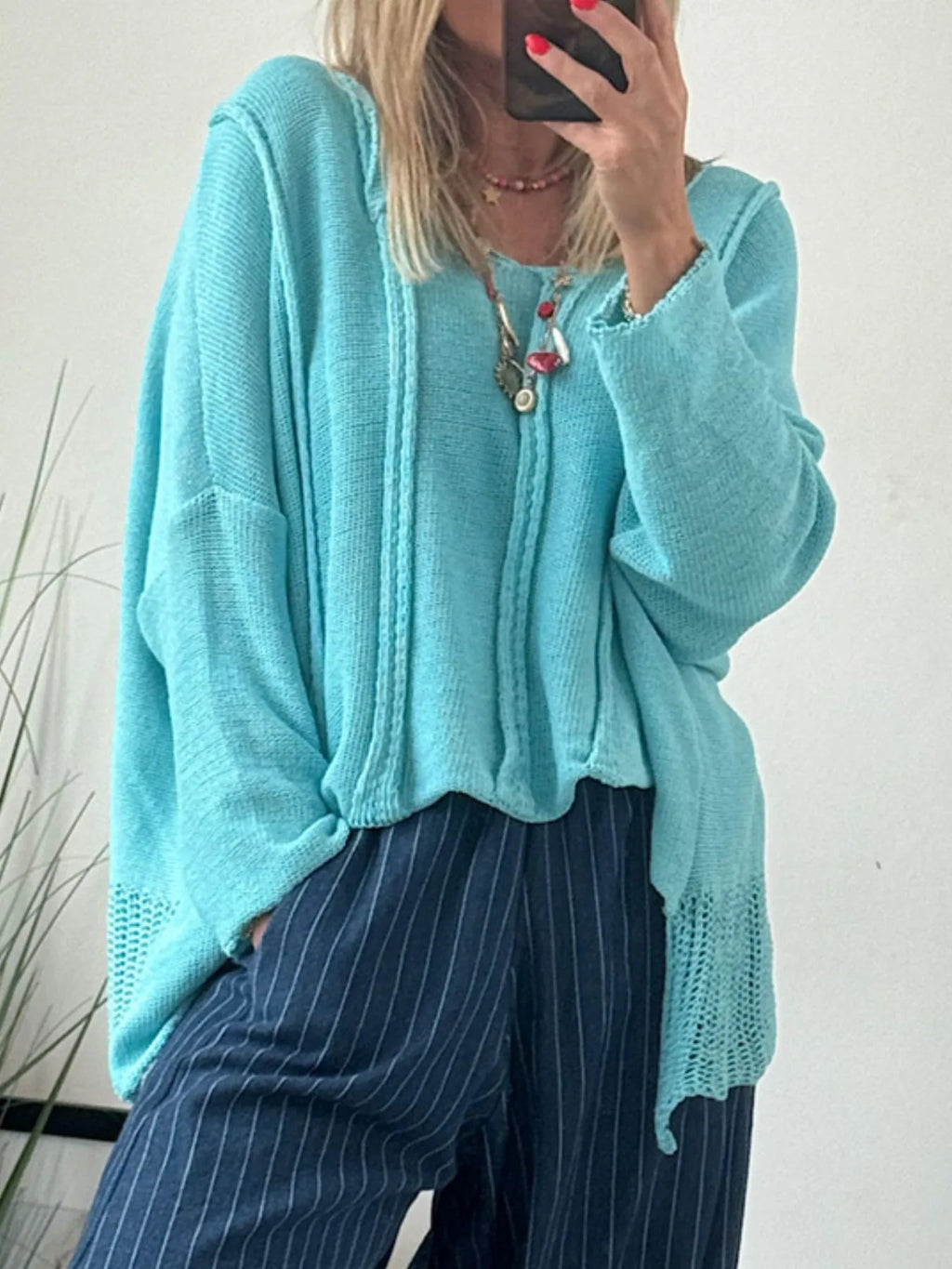 High-Low Drop Shoulder Sweater - Tops by Trendsi | Available at Handbags Specialist Headquarter