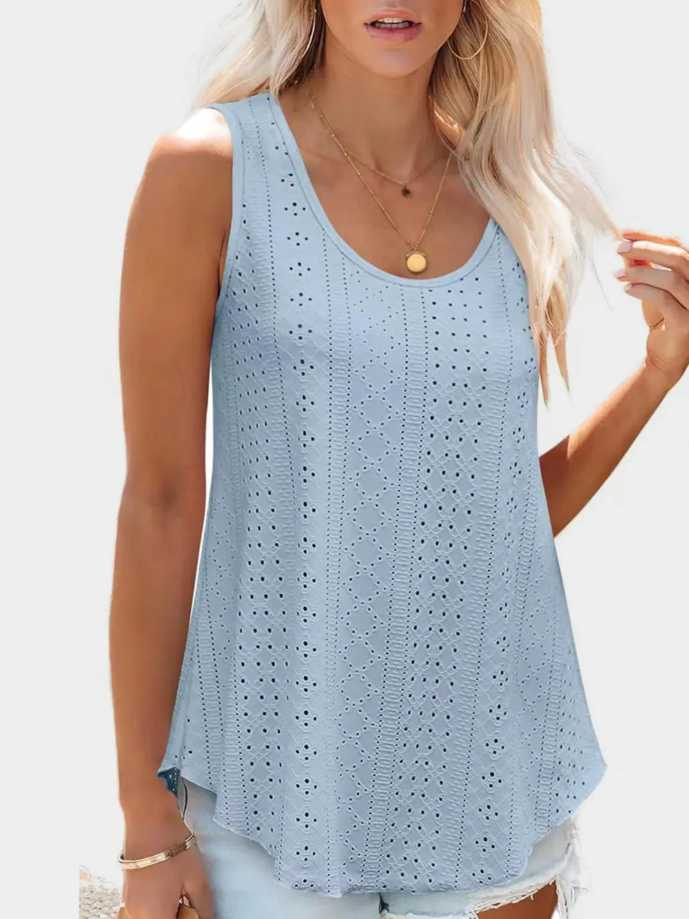 Florira Eyelet Round Neck Tank - Tops by Trendsi | Available at Handbags Specialist Headquarter