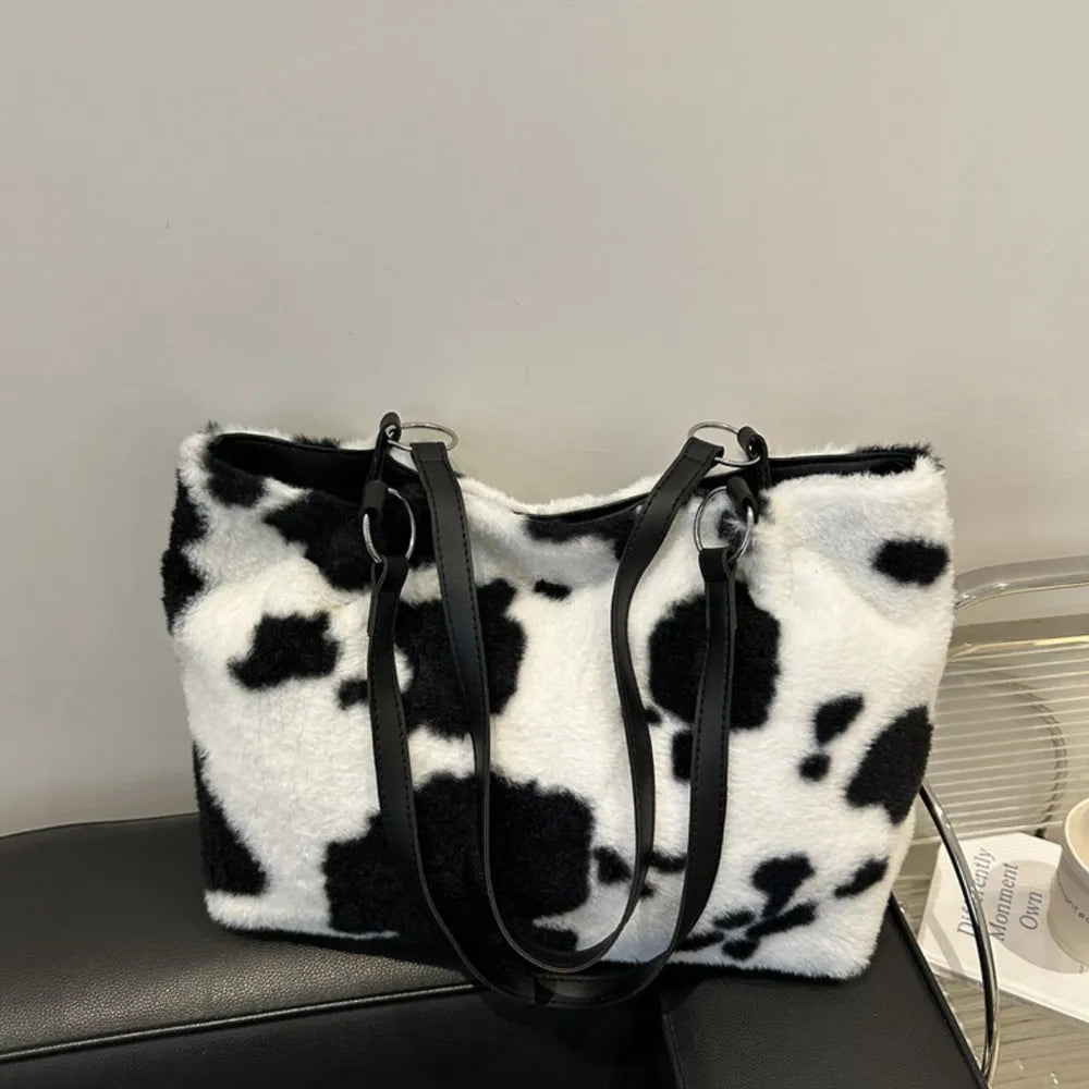 Cow Print Furry Tote Bag - Tote Bag by Trendsi | Available at Handbags Specialist Headquarter