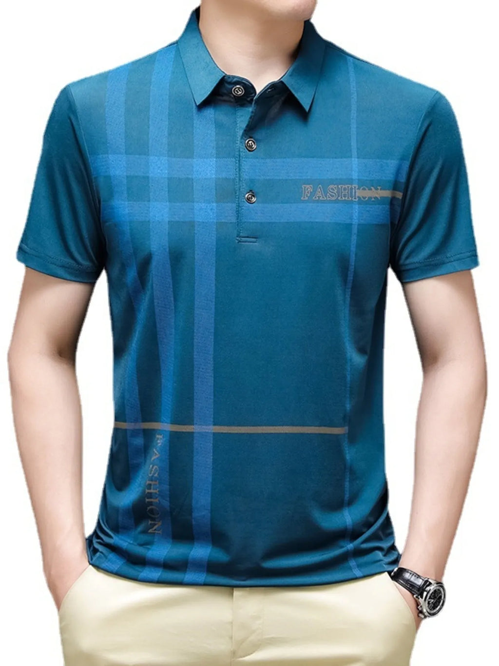 Men's Plus Size Plaid Pattern Short Sleeve Polo Shirt - Men's Polo shirt by Trendsi | Available at Handbags Specialist Headquarter