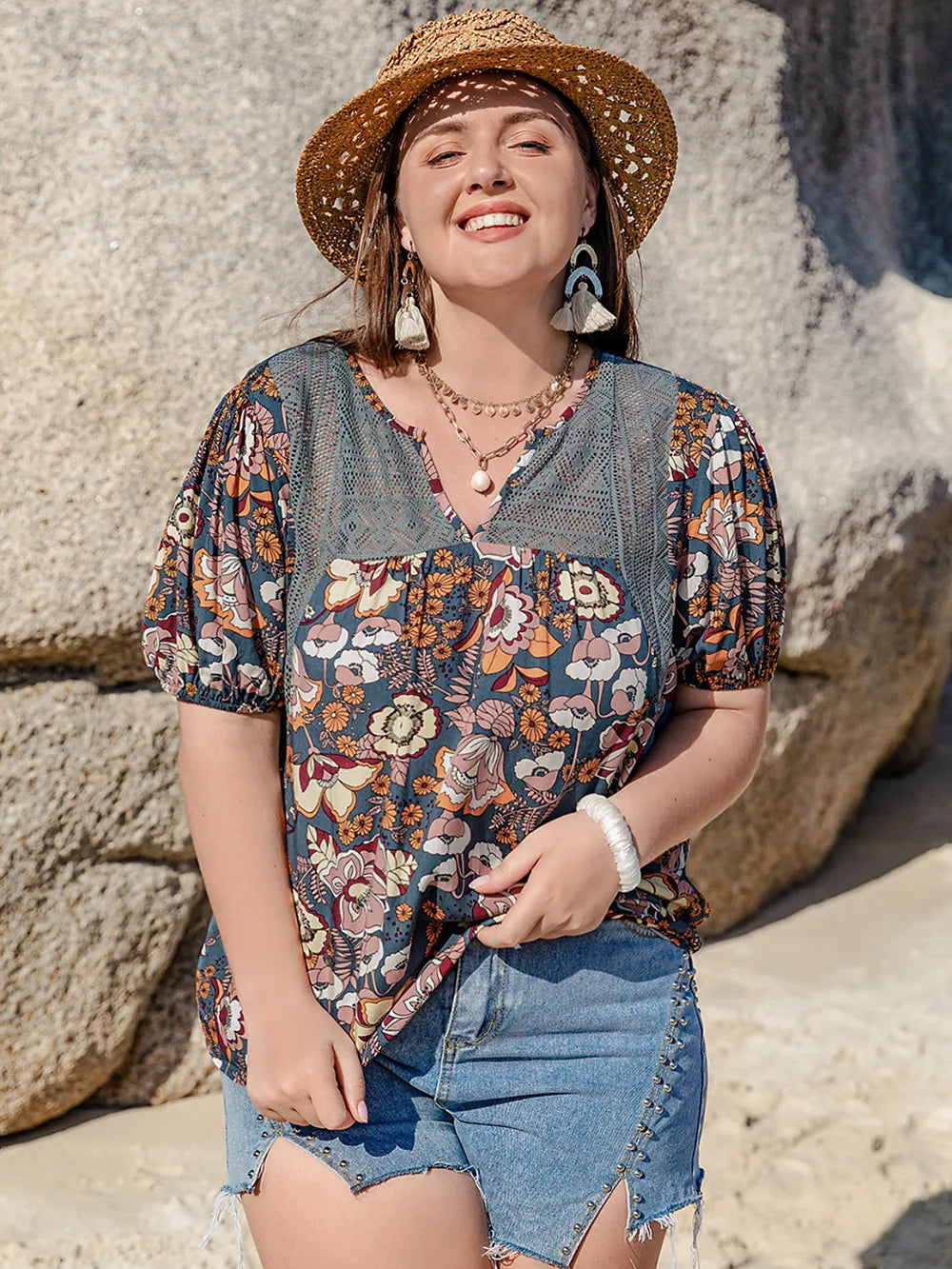 Plus Size Printed Notched Half Sleeve Blouse - Plus Size Shirts by Trendsi | Available at Handbags Specialist Headquarter