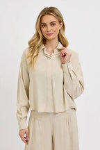 RISEN Button Down Long Sleeve Shirt - Women's Down Shirt Tops by Trendsi | Available at Handbags Specialist Headquarter
