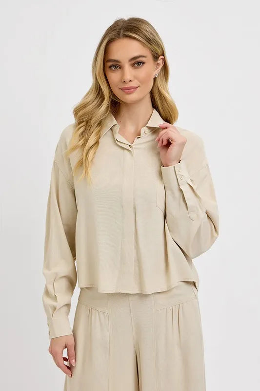 RISEN Button Down Long Sleeve Shirt - Women's Down Shirt Tops by Trendsi | Available at Handbags Specialist Headquarter