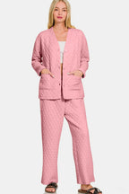 Zenana Quilted Button Up Long Sleeve Top and Pants Lounge Set - Sleepwear by Trendsi | Available at Handbags Specialist Headquarter