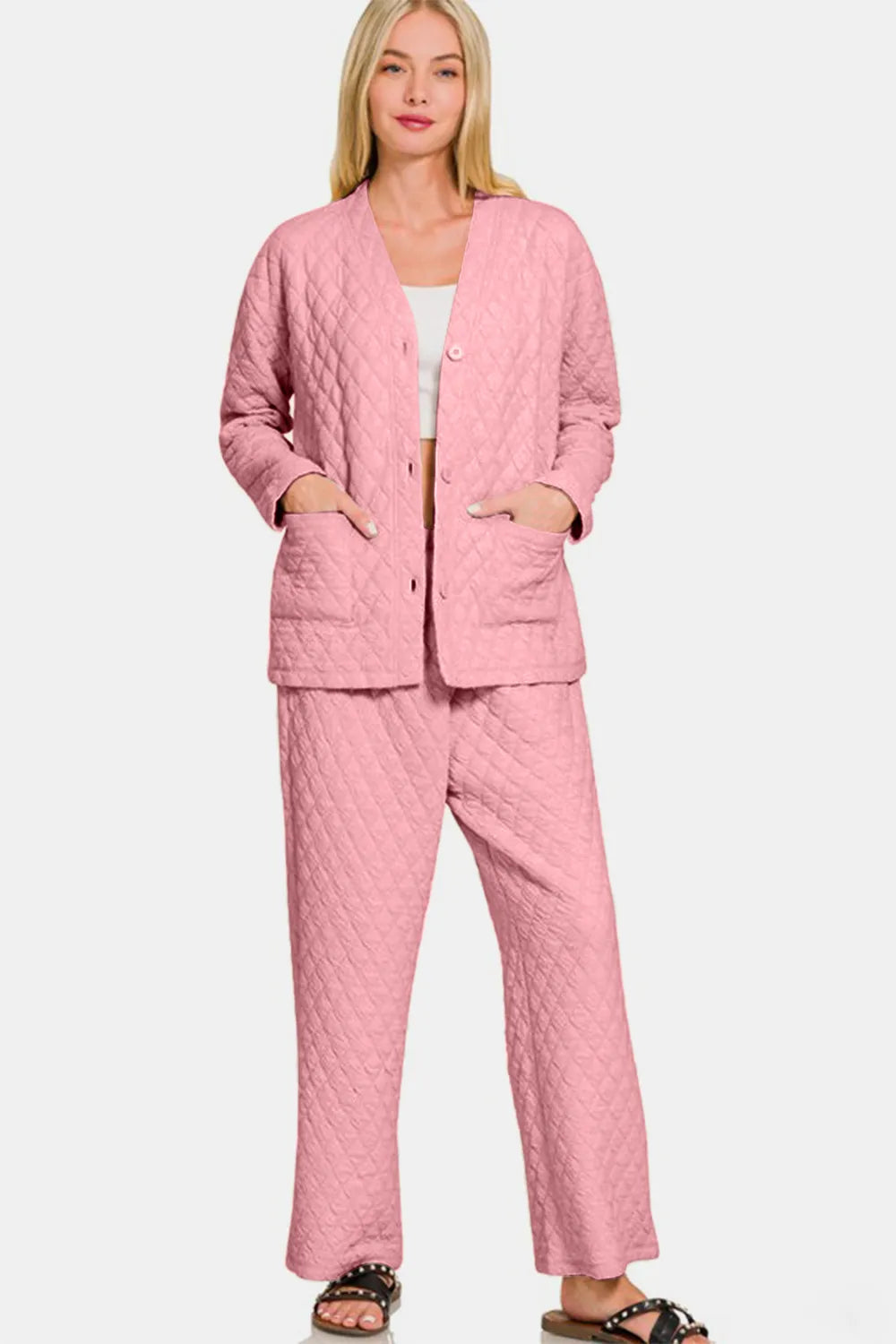 Zenana Quilted Button Up Long Sleeve Top and Pants Lounge Set - Sleepwear by Trendsi | Available at Handbags Specialist Headquarter