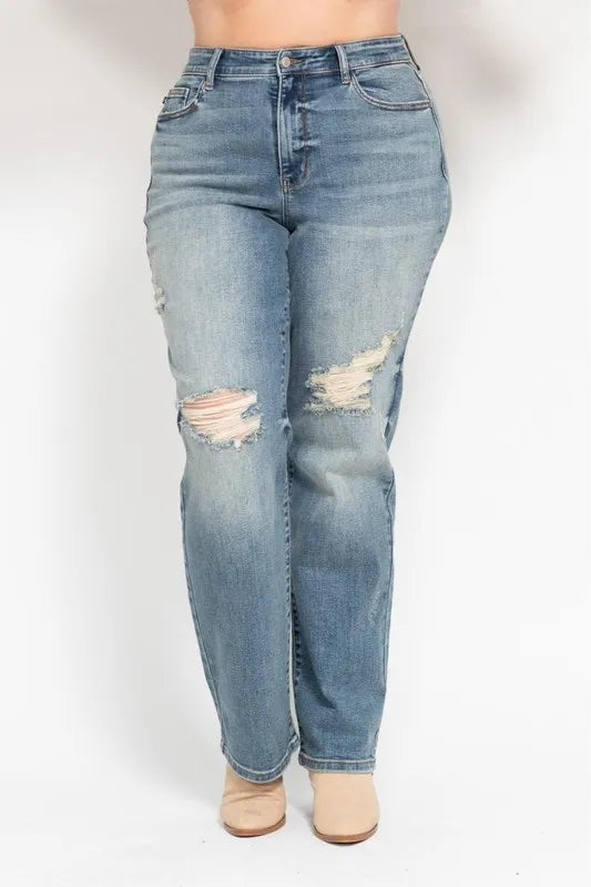 Judy Blue Full Size High Waist Distressed Dad Jean Plus Size - Women / Jeans & Denim by Trendsi | Available at Handbags Specialist Headquarter