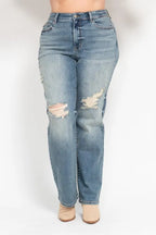 Judy Blue Full Size High Waist Distressed Dad Jean Plus Size - Women / Jeans & Denim by Trendsi | Available at Handbags Specialist Headquarter