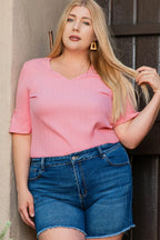 Plus Size V-Neck Half Sleeve Blouse - Plus Size Shirts by Trendsi | Available at Handbags Specialist Headquarter