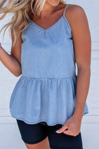 Ruffled Spaghetti Straps Denim Tank Top - Women / Jeans & Denim by Trendsi | Available at Handbags Specialist Headquarter
