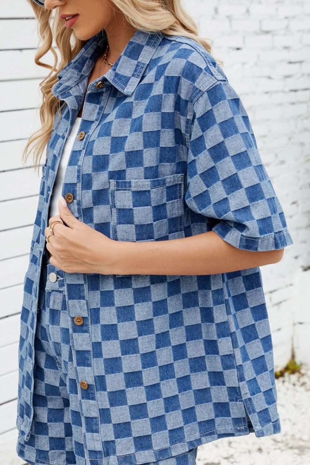 Button Down Checkered Denim Shirt - Women / Jeans & Denim by Trendsi | Available at Handbags Specialist Headquarter