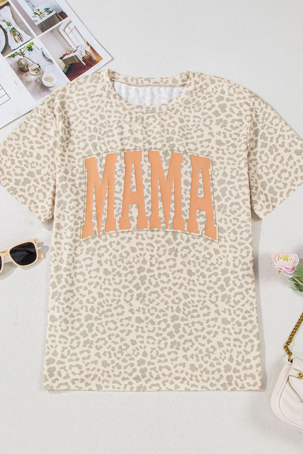 MAMA Letter Graphic Leopard Round Neck T-Shirt - Tops by Trendsi | Available at Handbags Specialist Headquarter