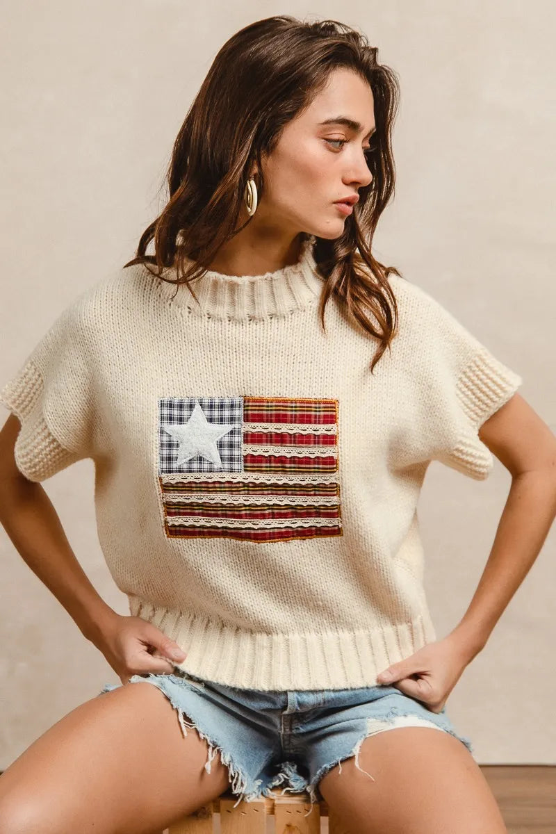 BiBi American Flag Patchwork Drop Shoulder Sweater - Tops by Trendsi | Available at Handbags Specialist Headquarter