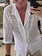 Men's Full Size Lace Half Sleeve Button Down Shirt Plus Size - Men's T Shirt by Trendsi | Available at Handbags Specialist Headquarter