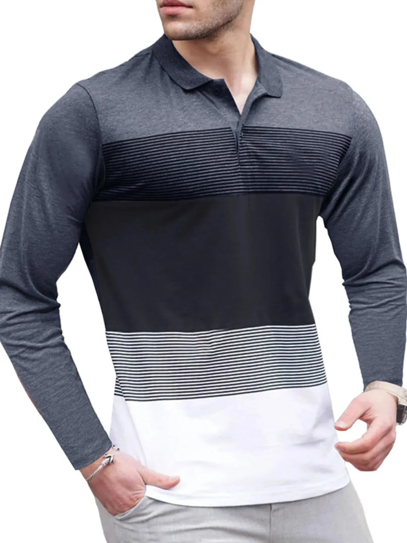 Men's Color Block Striped Long Sleeve Polo Shirt - Men's Polo shirt by Trendsi | Available at Handbags Specialist Headquarter