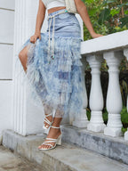 Tiered Ruffle Denim Patchwork Skirt - Tops by Trendsi | Available at Handbags Specialist Headquarter