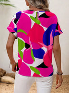 Contrast Round Neck Short Sleeve Blouse - Tops by Trendsi | Available at Handbags Specialist Headquarter