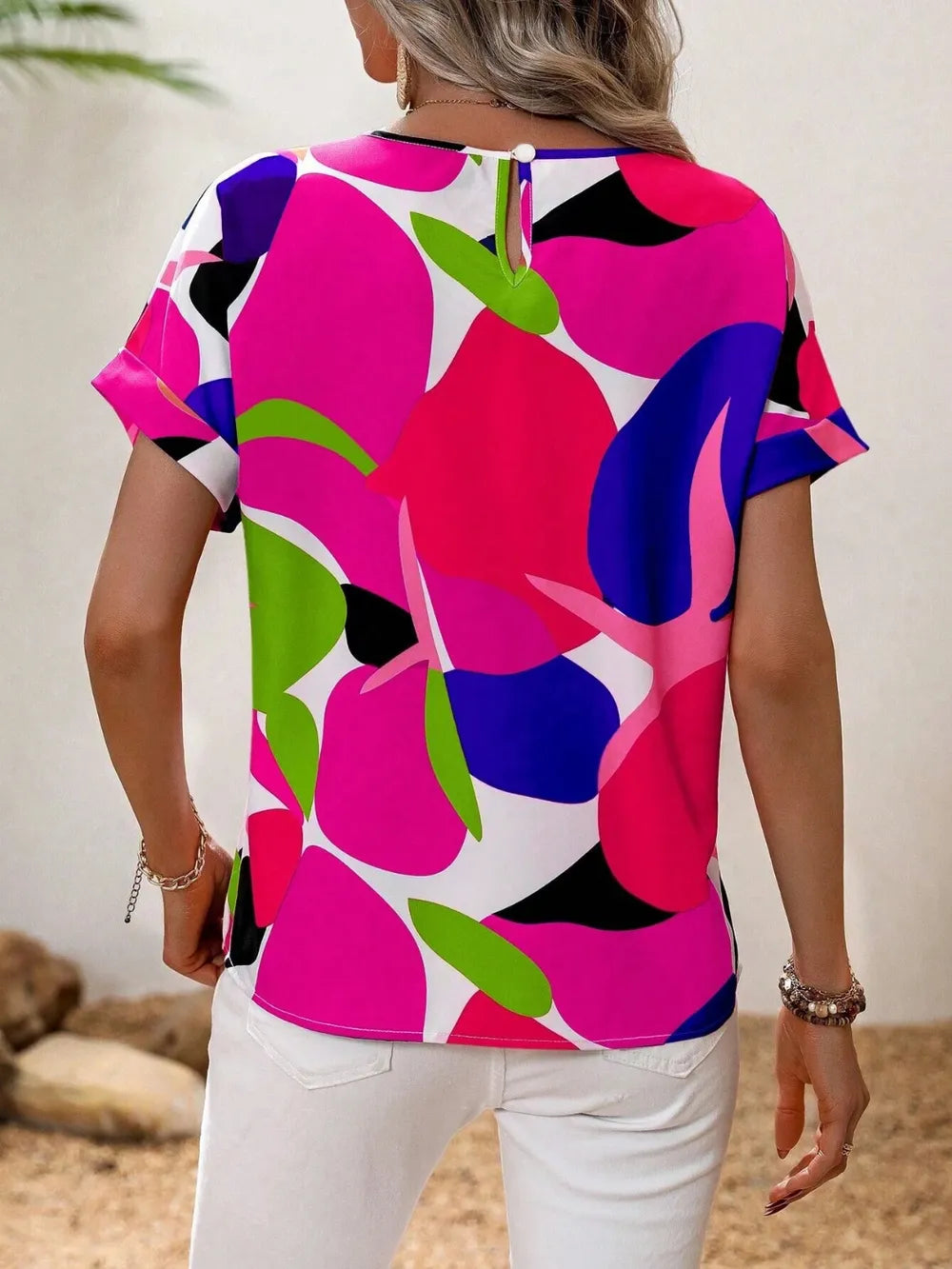 Contrast Round Neck Short Sleeve Blouse - Tops by Trendsi | Available at Handbags Specialist Headquarter