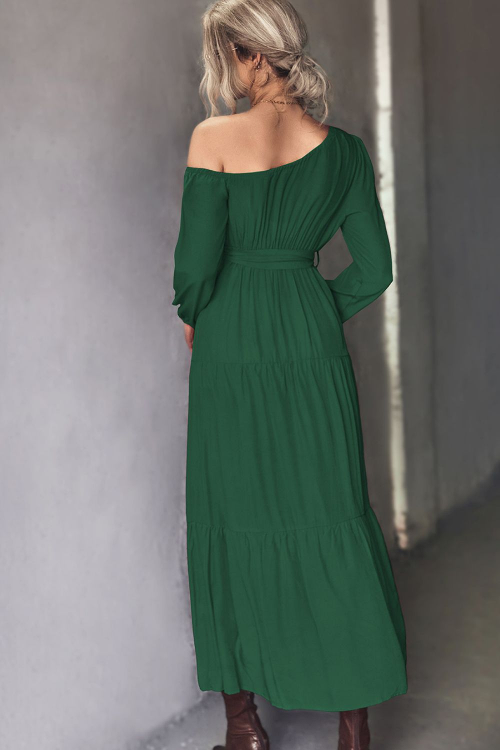 Belted One-Shoulder Tiered Maxi Dress - Maxi Dress by Trendsi | Available at Handbags Specialist Headquarter