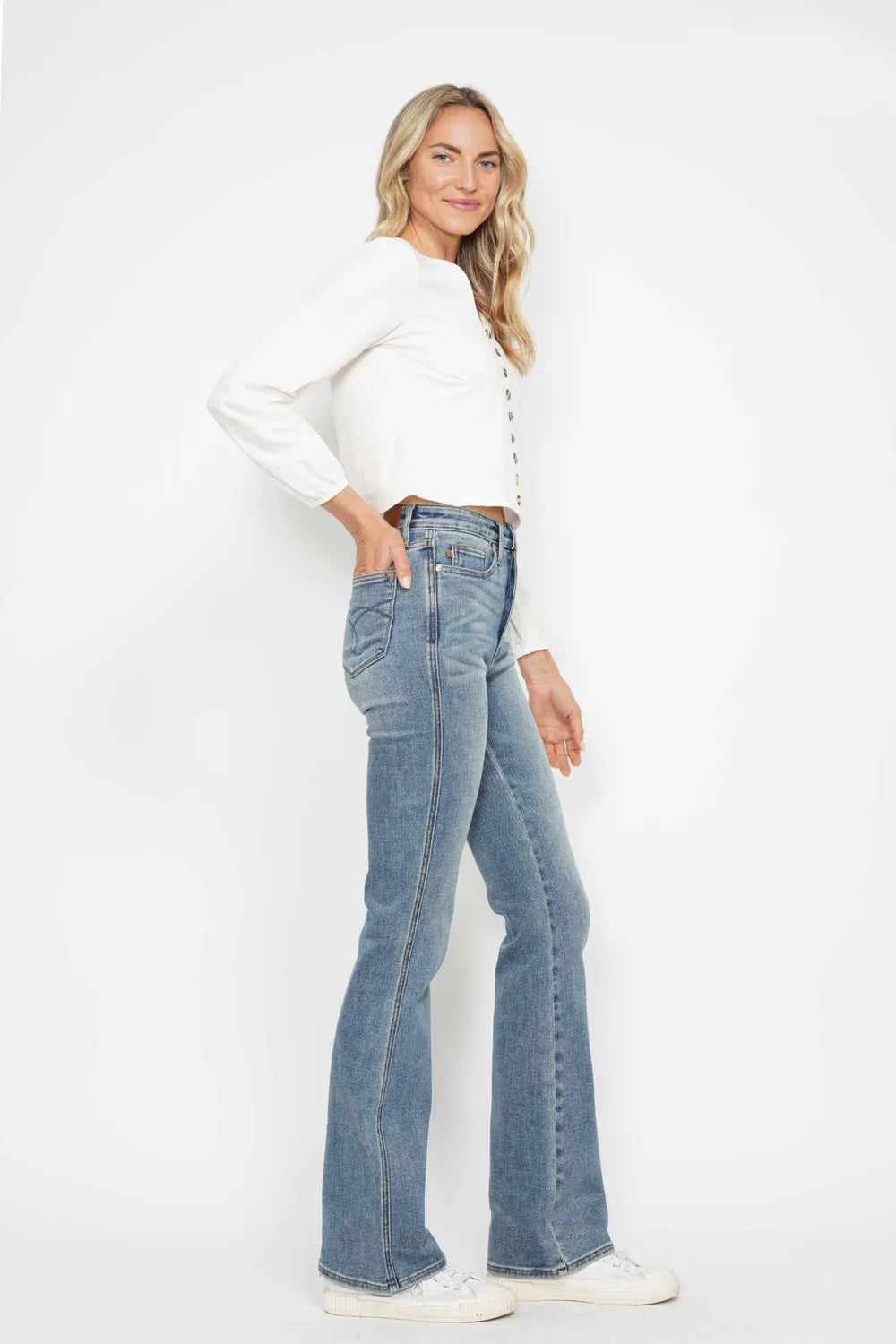 Judy Blue Full Size Tummy Control Back Embroidered Pocketed Bootcut Jeans Plus Size - Women / Jeans & Denim by Trendsi | Available at Handbags Specialist Headquarter