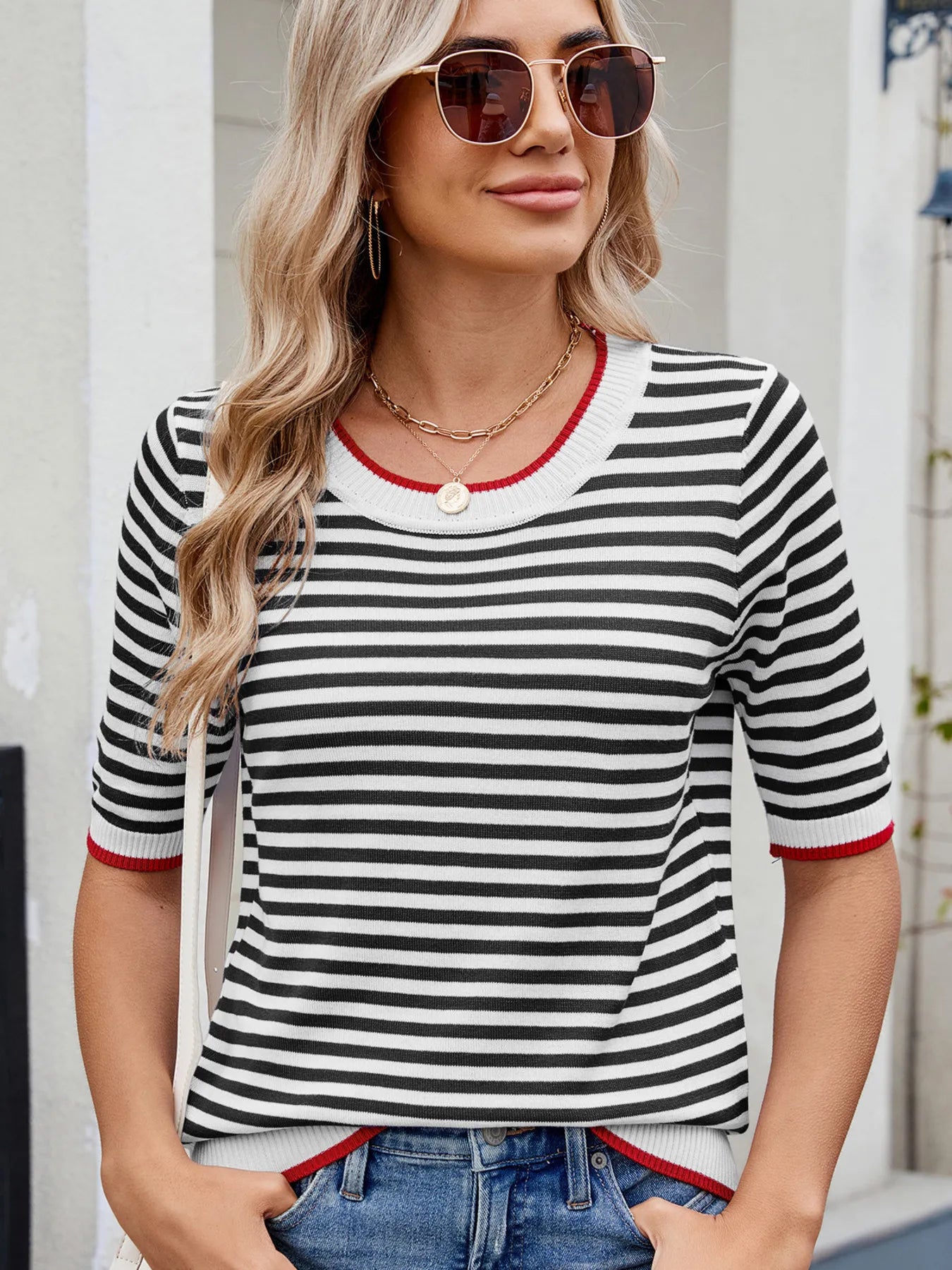 Striped Casual T-Shirt with Contrast Trim - Tops by Trendsi | Available at Handbags Specialist Headquarter