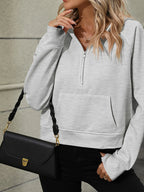 Half-Zip Hoodie with Kangaroo Pocket - Tops by Trendsi | Available at Handbags Specialist Headquarter