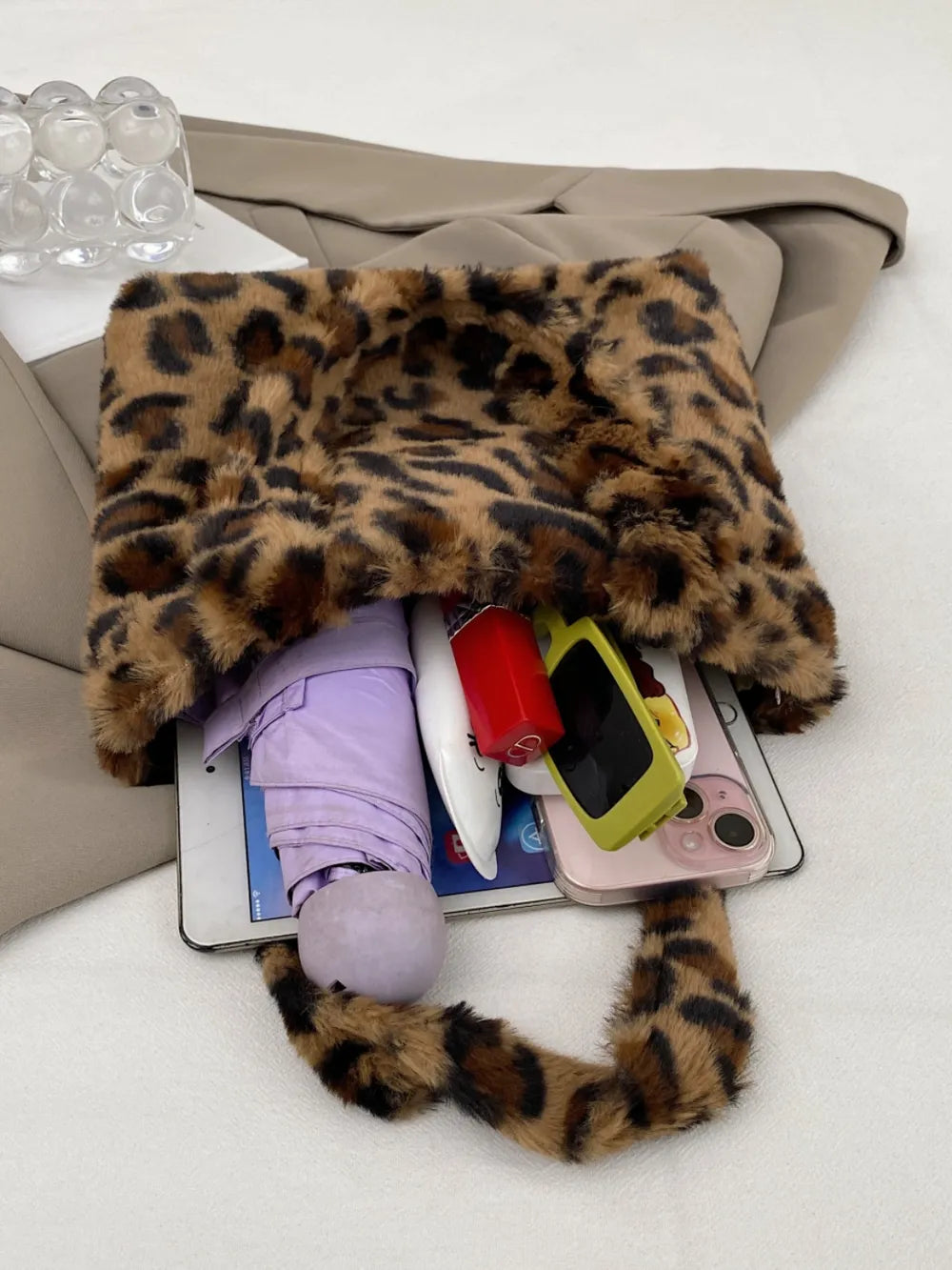 Leopard Fluff Handbag with Zip - handbags by Trendsi | Available at Handbags Specialist Headquarter