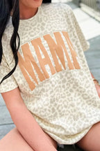 MAMA Letter Graphic Leopard Round Neck T-Shirt - Tops by Trendsi | Available at Handbags Specialist Headquarter
