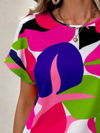 Contrast Round Neck Short Sleeve Blouse - Tops by Trendsi | Available at Handbags Specialist Headquarter