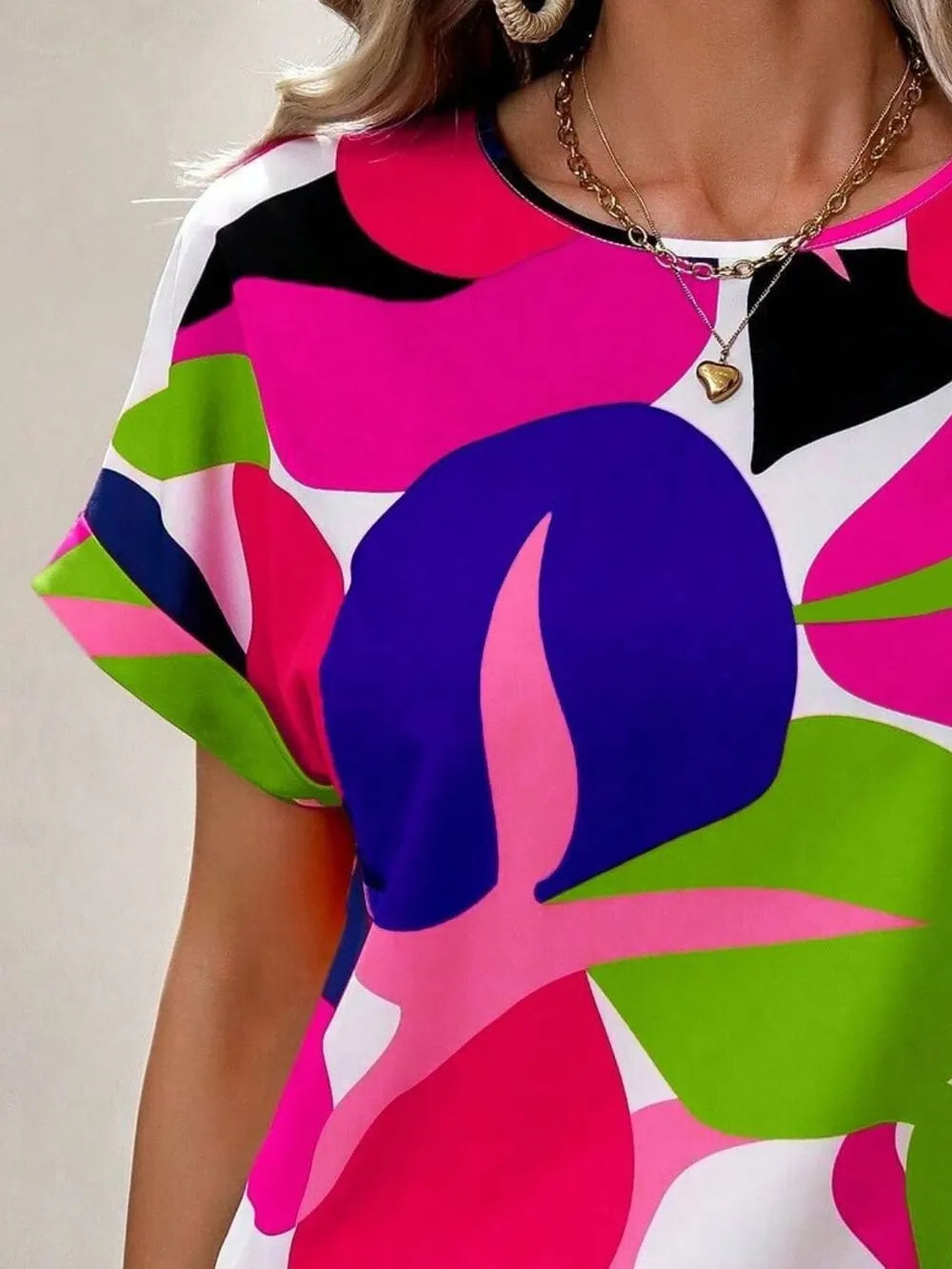 Contrast Round Neck Short Sleeve Blouse - Tops by Trendsi | Available at Handbags Specialist Headquarter