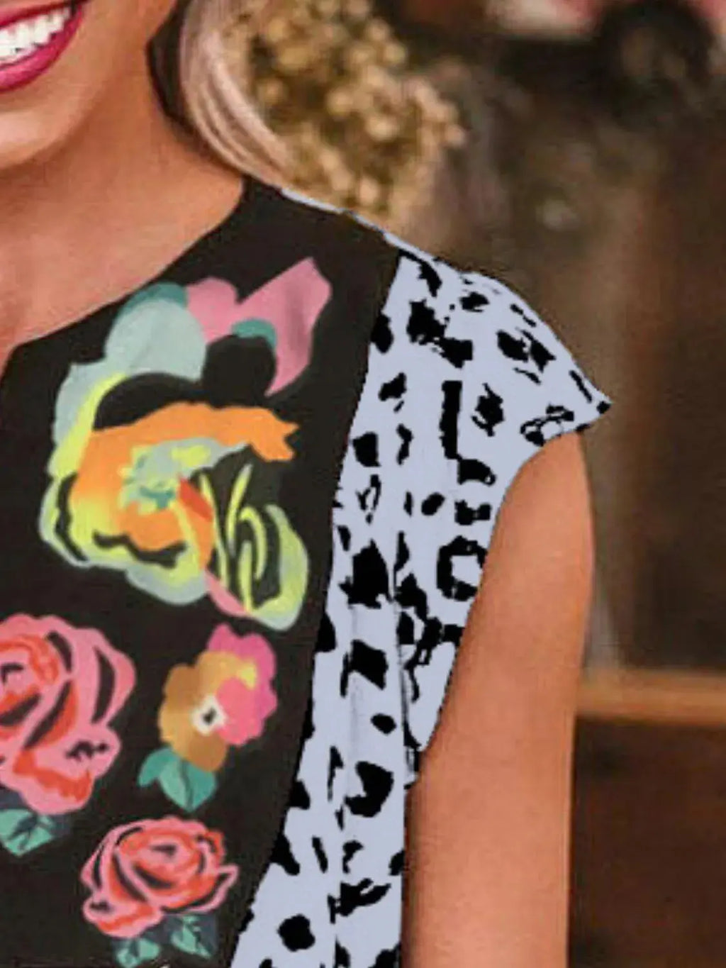 Full Size Leopard Floral Notched Cap Sleeve Blouse Plus Size - Women Plus Size by Trendsi | Available at Handbags Specialist Headquarter