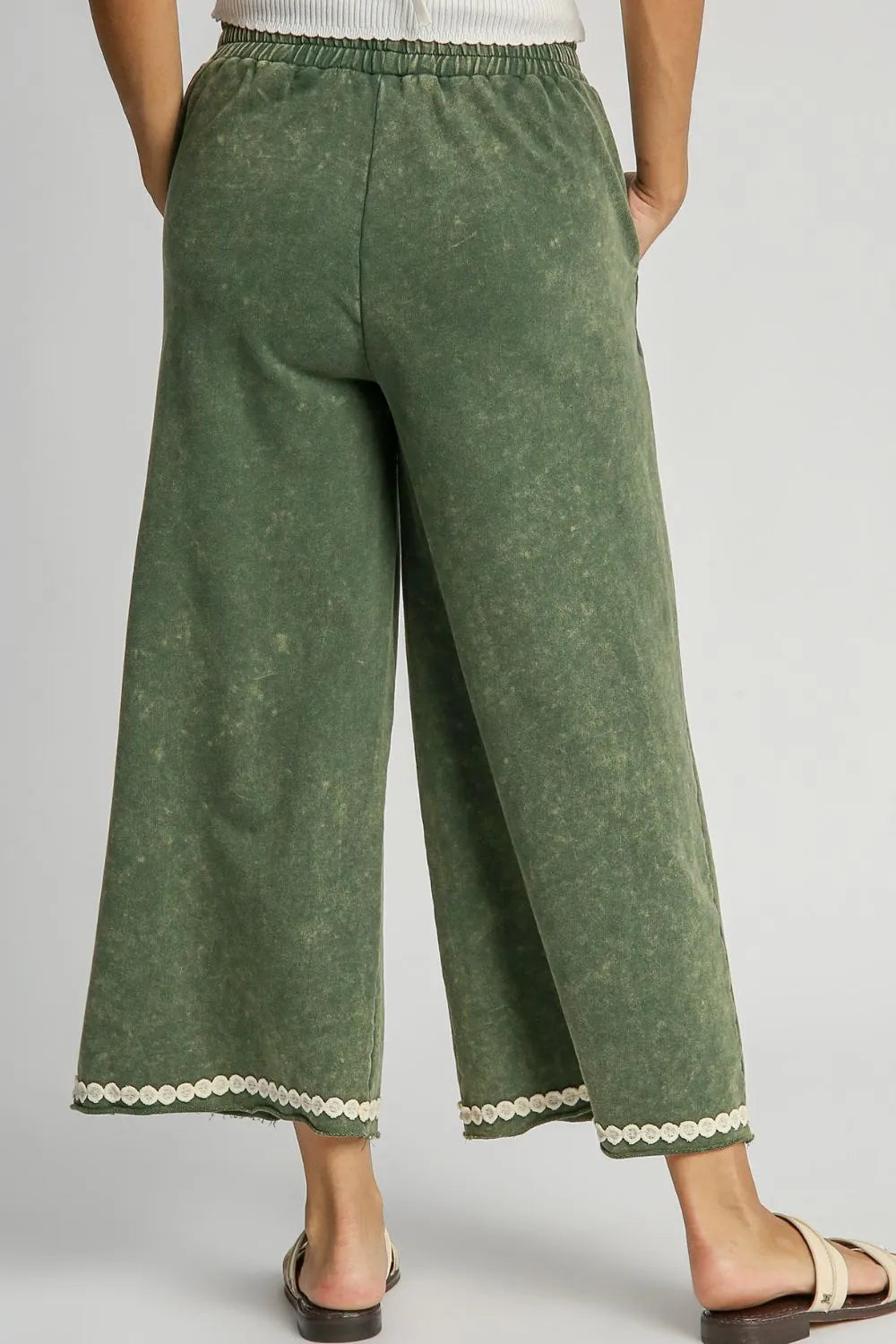 Umgee Full Size Peace Lace Applique Mineral Wash Wide Leg Pants Plus Size - Dresses by Trendsi | Available at Handbags Specialist Headquarter