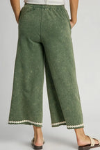 Umgee Full Size Peace Lace Applique Mineral Wash Wide Leg Pants Plus Size - Dresses by Trendsi | Available at Handbags Specialist Headquarter