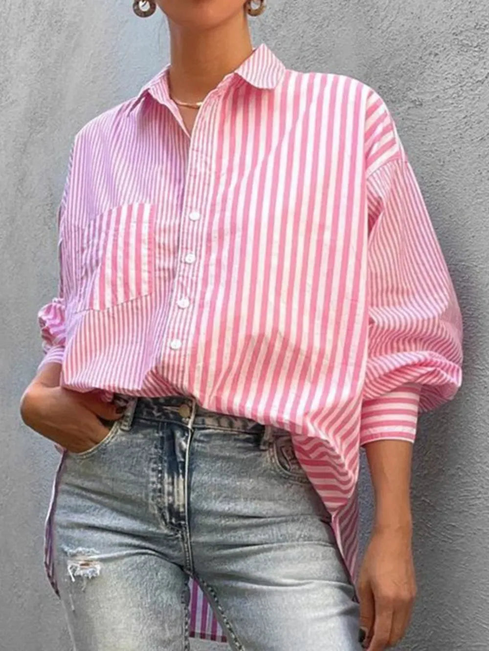 Striped Button Down Long Sleeve Shirt - Women's Down Shirt Tops by Trendsi | Available at Handbags Specialist Headquarter