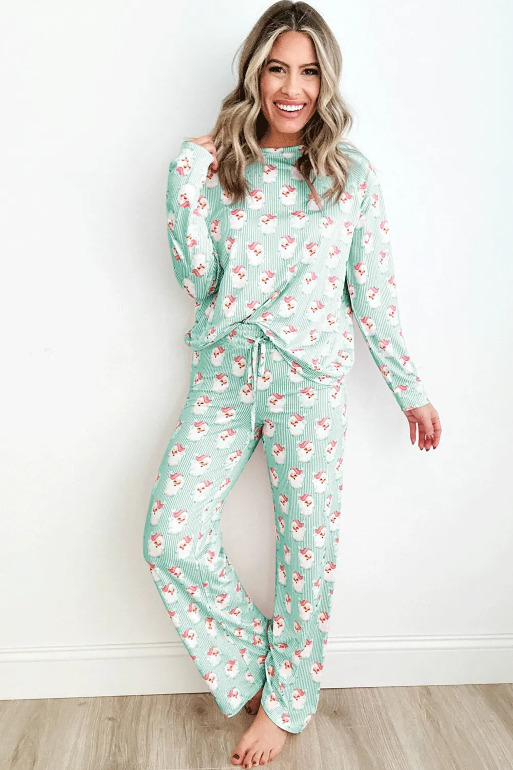 Santa Print Long Sleeve Top and Pants Lounge Set - Sleepwear by Trendsi | Available at Handbags Specialist Headquarter