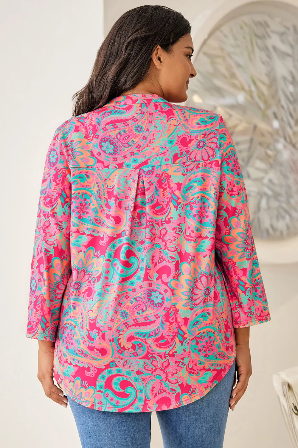 Plus Size Printed Notched Long Sleeve Blouse - Plus Size Shirts by Trendsi | Available at Handbags Specialist Headquarter