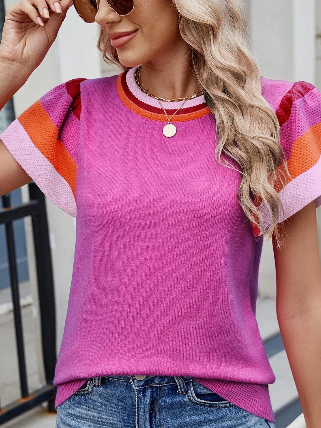 Colorblock Striped Short Sleeve Sweater - Tops by Trendsi | Available at Handbags Specialist Headquarter