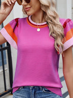 Colorblock Striped Short Sleeve Sweater - Tops by Trendsi | Available at Handbags Specialist Headquarter