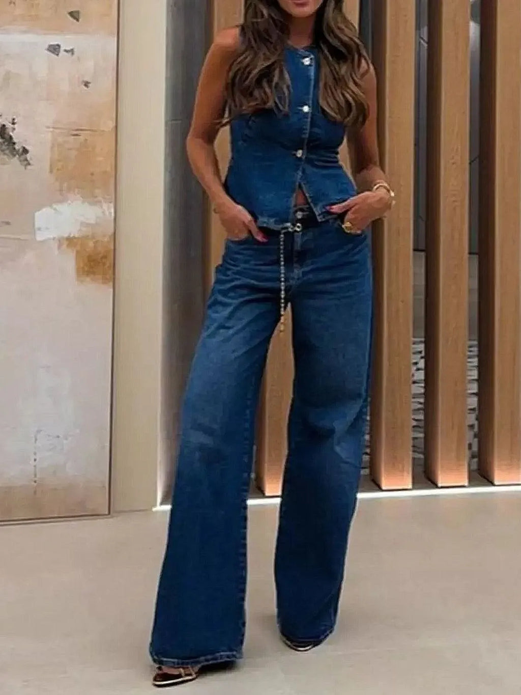 Button Down Vest and Flare Jeans Denim Set - Women / Jeans & Denim by Trendsi | Available at Handbags Specialist Headquarter