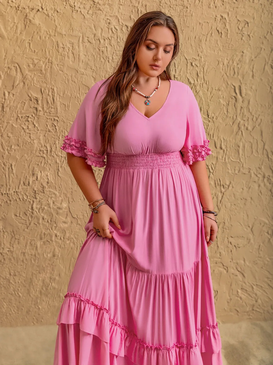 Plus Size V-Neck Half Sleeve Maxi Dress - Dresses by Trendsi | Available at Handbags Specialist Headquarter