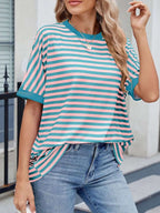 Striped Round Neck Half Sleeve T-Shirt - Women / Tops by Trendsi | Available at Handbags Specialist Headquarter